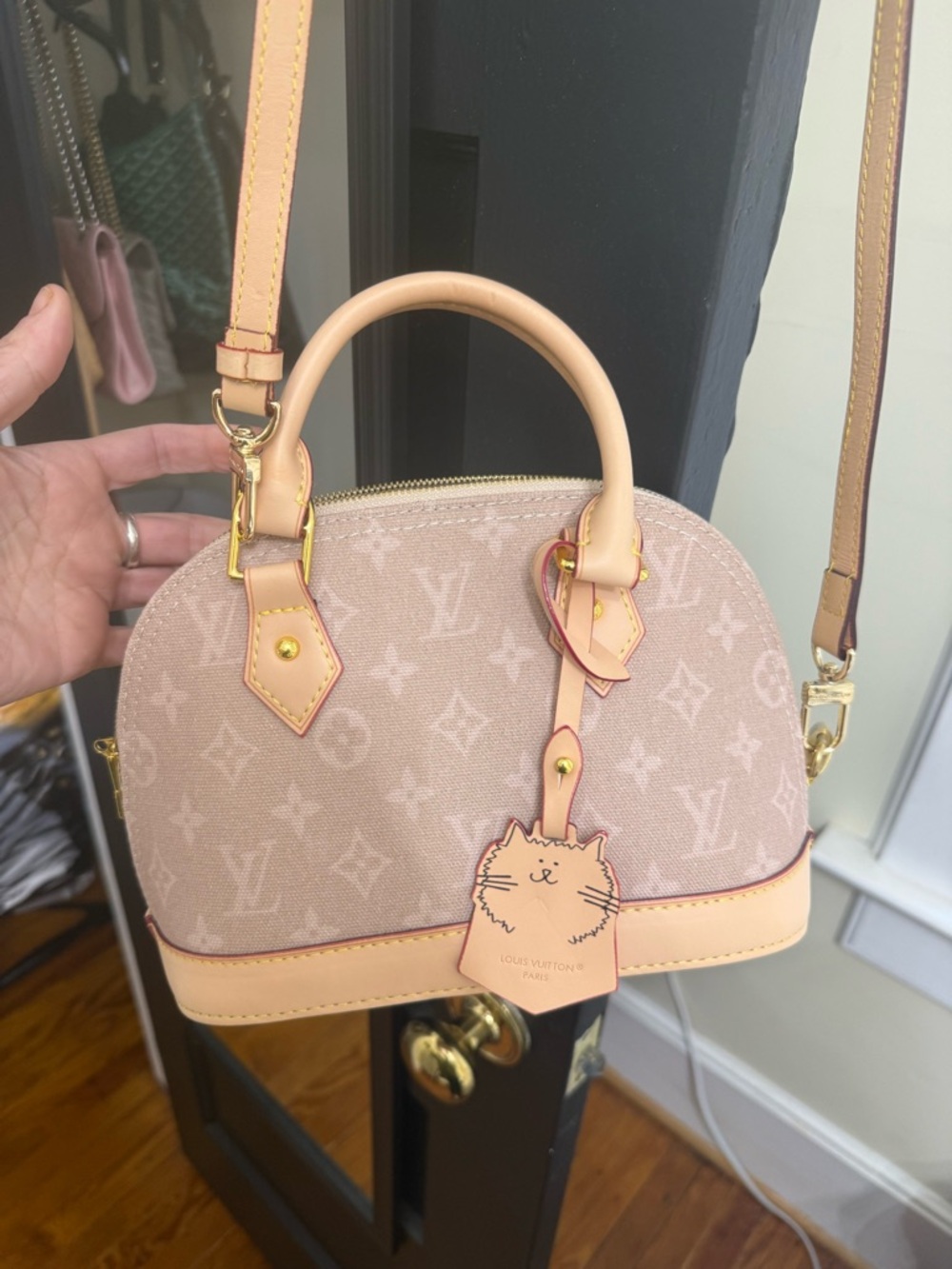 Blush Pink top handle with Cat Charm- leather straps.